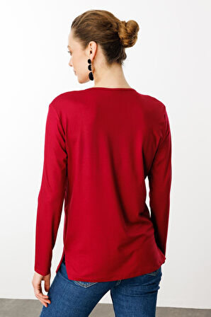 Desen Triko Kadın Nakış İşlemeli Uzun Kollu Penye Bluz 25702 Vişne