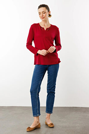 Desen Triko Kadın Sıfır Yaka El Nakışı İşlemeli Bluz 25705 Vişne