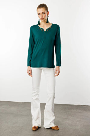 Desen Triko Kadın Sıfır Yaka El Nakışı İşlemeli Bluz 25705 Yeşil