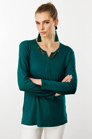 Desen Triko Kadın Sıfır Yaka El Nakışı İşlemeli Bluz 25705 Yeşil