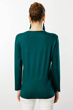 Desen Triko Kadın Sıfır Yaka El Nakışı İşlemeli Bluz 25705 Yeşil