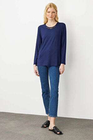 Desen Triko Kadın Sıfır Yaka Boncuk İşlemeli Penye Bluz 25706 Lacivert