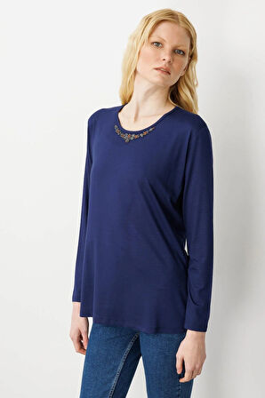 Desen Triko Kadın Sıfır Yaka Boncuk İşlemeli Penye Bluz 25706 Lacivert