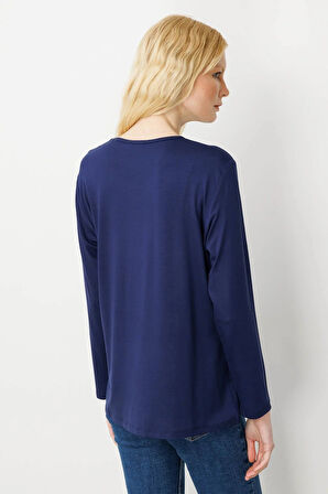 Desen Triko Kadın Sıfır Yaka Boncuk İşlemeli Penye Bluz 25706 Lacivert