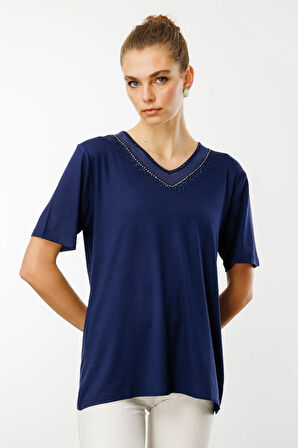 Desen Triko Kadın V Yaka Yakası Taşlı Penye T-Shirt 25751 Lacivert