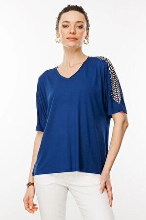 Desen Triko Kadın V Yaka Omuzları Taşlı Penye T-Shirt 25754 Indigo