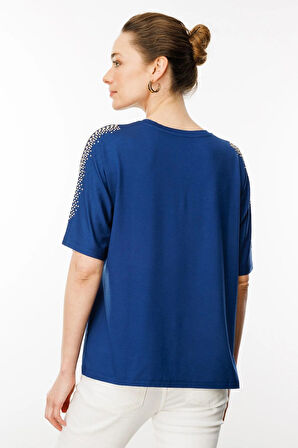 Desen Triko Kadın V Yaka Omuzları Taşlı Penye T-Shirt 25754 Indigo