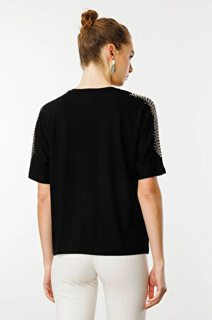 Desen Triko Kadın V Yaka Omuzları Taşlı Penye T-Shirt 25754 Siyah
