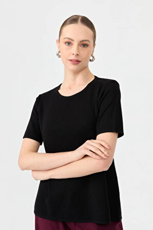 Desen Triko Kadın Sıfır Yaka Kısa Kollu Basic Yün Bluz 24112 Siyah