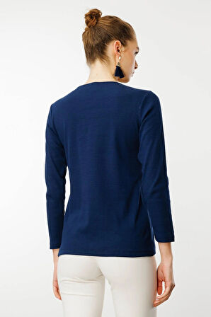 Desen Triko Kadın Sıfır Yaka Yakası Nakış İşlemeli Pamuklu Bluz 25759 Lacivert