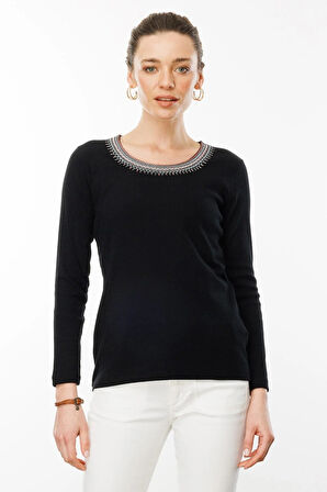 Desen Triko Kadın V Yaka Yakası Nakış İşlemeli Pamuklu Bluz 25759 Siyah