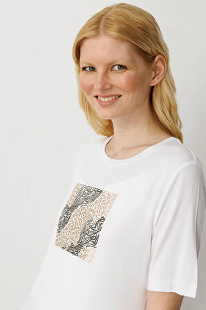 Desen Triko Kadın Sıfır Yaka Önü Taş Baskılı Penye T-Shirt 25834 Ekru