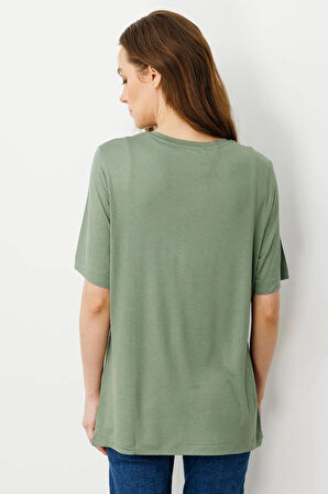 Desen Triko Kadın Sıfır Yaka Önü Taş Baskılı Penye T-Shirt 25834 Haki