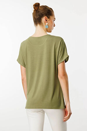 Desen Triko Kadın Sıfır Yaka Önü Cepli Penye T-Shirt 25830 Haki