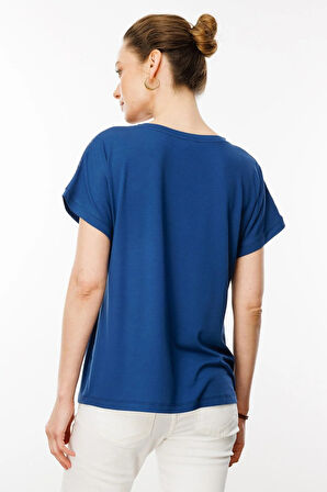 Desen Triko Kadın V Yaka Omuzları Taş Baskılı Penye T-Shirt 25836 Lacivert