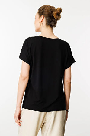 Desen Triko Kadın V Yaka Omuzları Taş Baskılı Penye T-Shirt 25836 Siyah