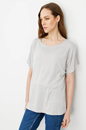 Desen Triko Kadın Sıfır Yaka Boncuk İşlemeli Penye T-Shirt 25859 Taş