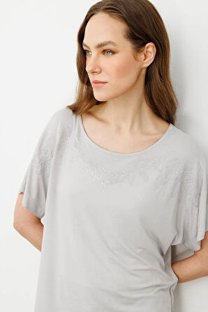 Desen Triko Kadın Sıfır Yaka Boncuk İşlemeli Penye T-Shirt 25859 Taş