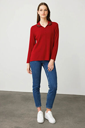 Desen Triko Kadın Polo Yaka Likralı Bluz 25091 K.Kırmızı