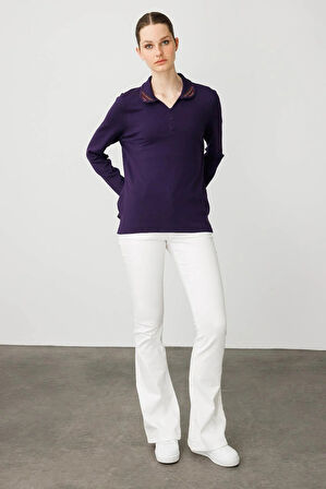 Desen Triko Kadın Polo Yaka Likralı Bluz 25091 K.Mor