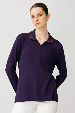 Desen Triko Kadın Polo Yaka Likralı Bluz 25091 K.Mor