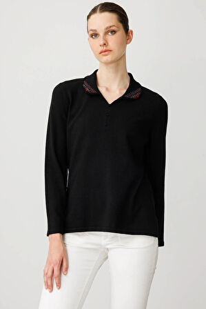 Desen Triko Kadın Polo Yaka Likralı Bluz 25091 Siyah