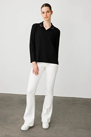 Desen Triko Kadın Polo Yaka Likralı Bluz 25091 Siyah