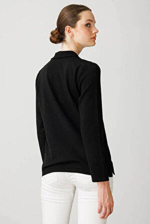 Desen Triko Kadın Polo Yaka Likralı Bluz 25091 Siyah