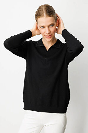 Desen Triko Kadın Polo Yaka Nakış İşlemeli Ligralı Bluz 25092 Siyah