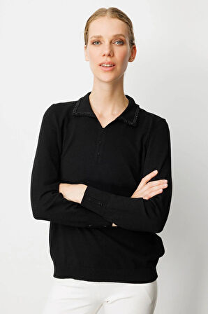 Desen Triko Kadın Polo Yaka Nakış İşlemeli Ligralı Bluz 25092 Siyah