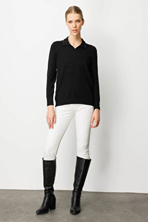 Desen Triko Kadın Polo Yaka Nakış İşlemeli Ligralı Bluz 25092 Siyah