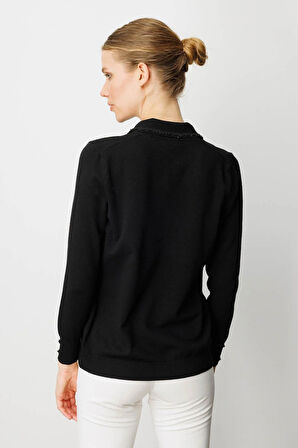 Desen Triko Kadın Polo Yaka Nakış İşlemeli Ligralı Bluz 25092 Siyah