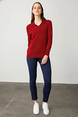 Desen Triko Kadın Polo Yaka Nakış İşlemeli Ligralı Bluz 25092 Vişne