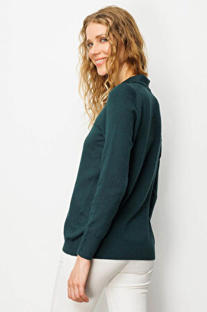 Desen Triko Kadın Polo Yaka Nakış İşlemeli Ligralı Bluz 25092 Yeşil