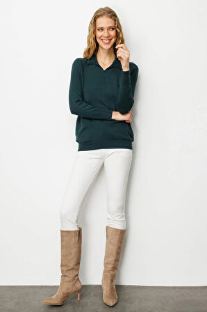 Desen Triko Kadın Polo Yaka Nakış İşlemeli Ligralı Bluz 25092 Yeşil