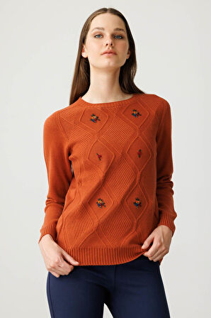 Desen Triko Kadın Sıfır Yaka Önü Baklavalı Nakış İşlemeli Kazak 25208 Kiremit