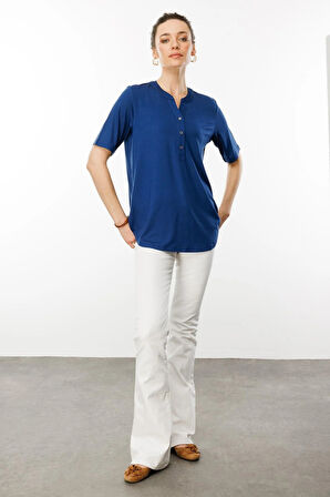 Desen Triko Kadın Yakası Düğmeli Penye T-Shirt 25764 Indigo