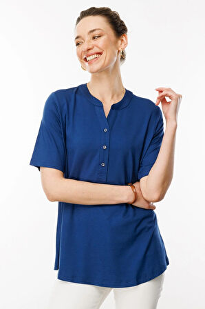 Desen Triko Kadın Yakası Düğmeli Penye T-Shirt 25764 Indigo