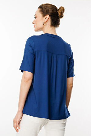 Desen Triko Kadın Yakası Düğmeli Penye T-Shirt 25764 Indigo