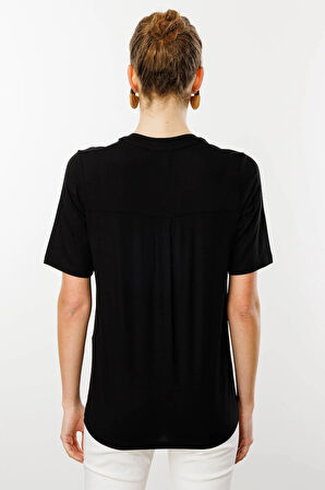 Desen Triko Kadın Yakası Düğmeli Penye T-Shirt 25764 Siyah