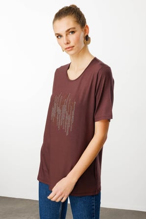 Desen Kadın Sıfır Yaka Taş Baskılı Penye T-Shirt