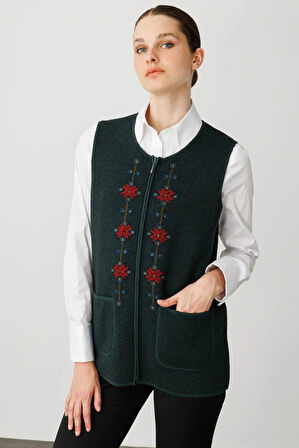 Desen Triko Kadın Sıfır Yaka Önü Nakış İşlemeli Yün Yelek 25001 Yeşil