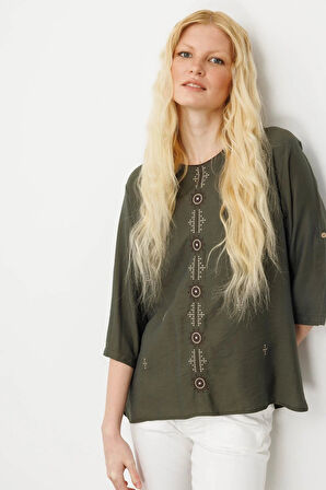 Desen Triko Kadın Sıfır Yaka Önü Nakışlı Bluz 25773 Haki