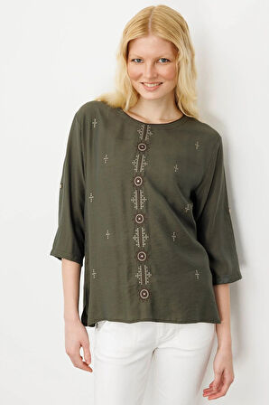 Desen Triko Kadın Sıfır Yaka Önü Nakışlı Bluz 25773 Haki