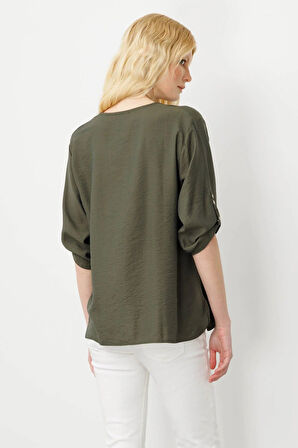 Desen Triko Kadın Sıfır Yaka Önü Nakışlı Bluz 25773 Haki