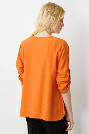 Desen Triko Kadın Sıfır Yaka Önü Nakışlı Bluz 25773 Turuncu