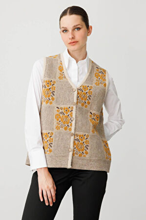 Desen Triko Kadın Pıtırcık Çiçekli Patchwork Keçe Yün Yelek 24084 Bej-Hardal