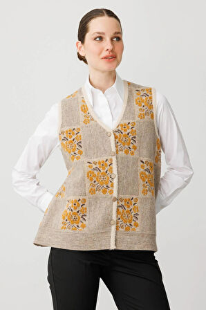 Desen Triko Kadın Pıtırcık Çiçekli Patchwork Keçe Yün Yelek 24084 Bej-Hardal