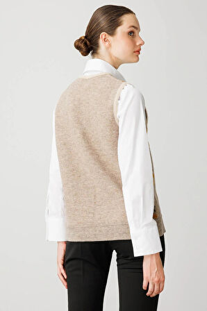 Desen Triko Kadın Pıtırcık Çiçekli Patchwork Keçe Yün Yelek 24084 Bej-Hardal