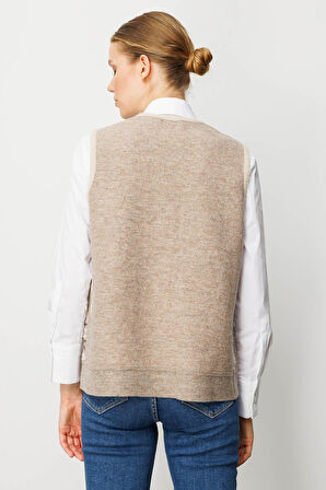 Desen Triko Kadın Pıtırcık Çiçekli Patchwork Keçe Yün Yelek 24084 Bej-Kemik